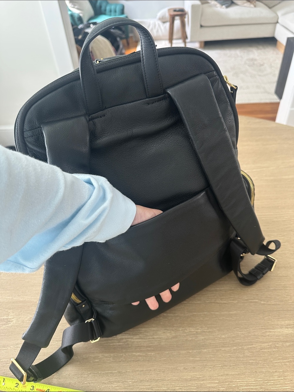 Tumi Black Leather Backpack with Gold Accents - Picture 7 of 9